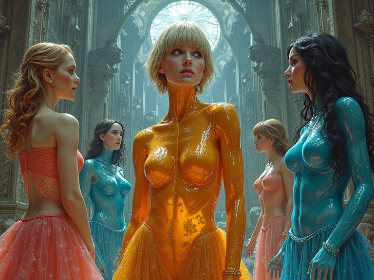 3D ultrarealistic anthropomorphic glass and crystal females exhibit vivid body paint and elegant dresses in a grand cathedral-like setting