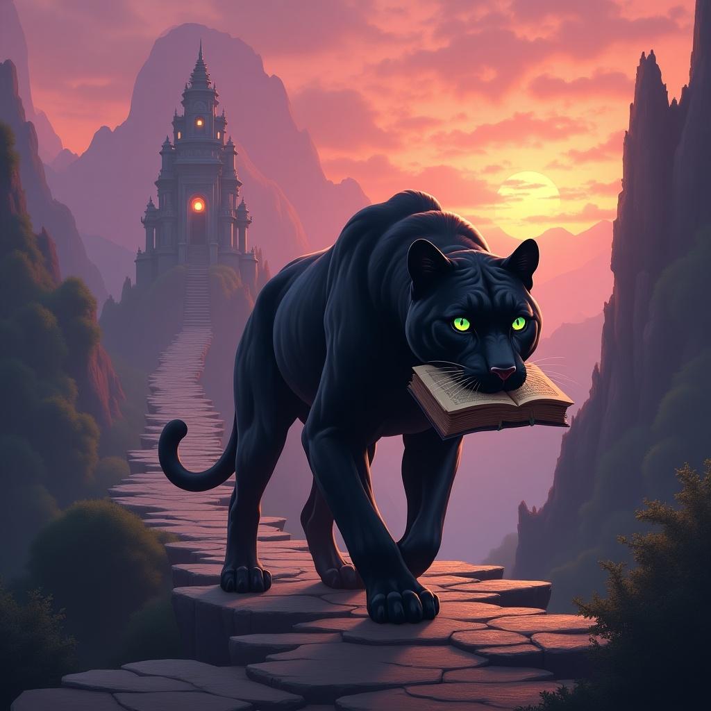 Digital artwork shows majestic black panther carrying book. Panther prowls through mystical mountainous landscape. Scene set at sunset. Vibrant pink and orange hues in the sky. Warm glow across stones and temple structure. Panther's glowing green eyes add mystery.