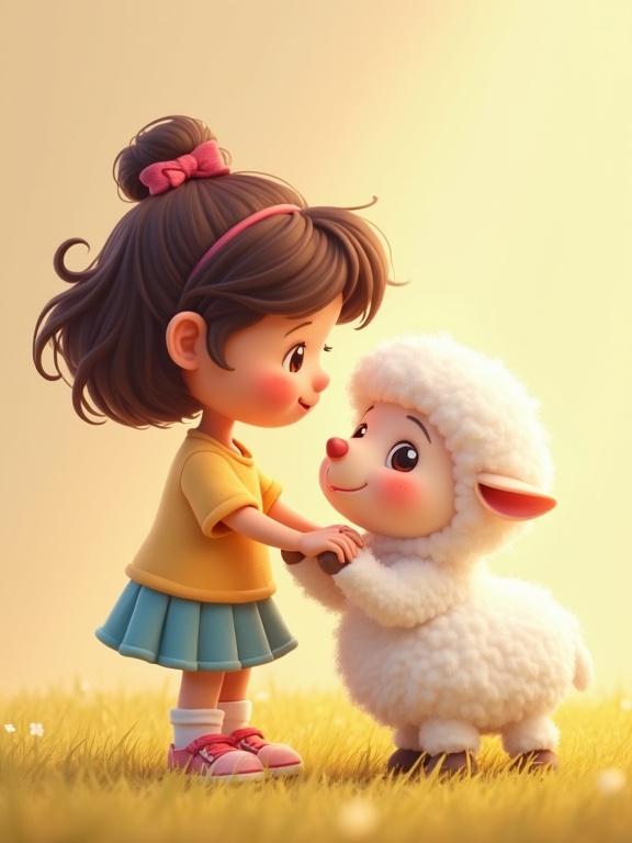 A small girl with brown hair strokes a fluffy white sheep. Both have joyful expressions. Background has soft, warm colors. Scene is cheerful and cartoonish in style.