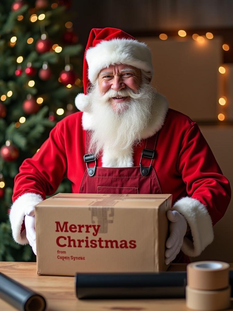 A festive Christmas scene featuring Santa Claus as a packaging worker. Santa wears red overalls and a Santa hat while holding a cardboard box. The box says Merry Christmas from Synergy Overseas. Packaging items surround him on the table. In the background, a decorated Christmas tree enhances the festive atmosphere. The scene feels warm and welcoming.