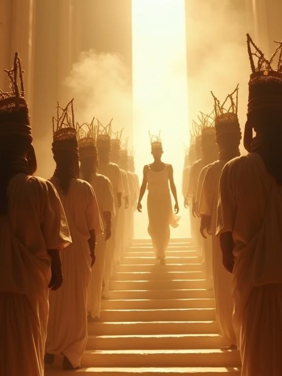 A grand staircase leads to an ethereal plateau. Orixás in ceremonial attire ascend with offerings. Exu stands apart with an uncovered head. Golden light fills the scene, creating a sacred atmosphere. Themes of transformation and dignity are evident.