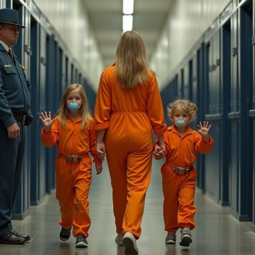 A mother and her two children walk in a jail. The children wear bright orange jumpsuits. They are handcuffed and waving with oversized pacifiers. The scene occurs in a jail corridor with guards supervising them.