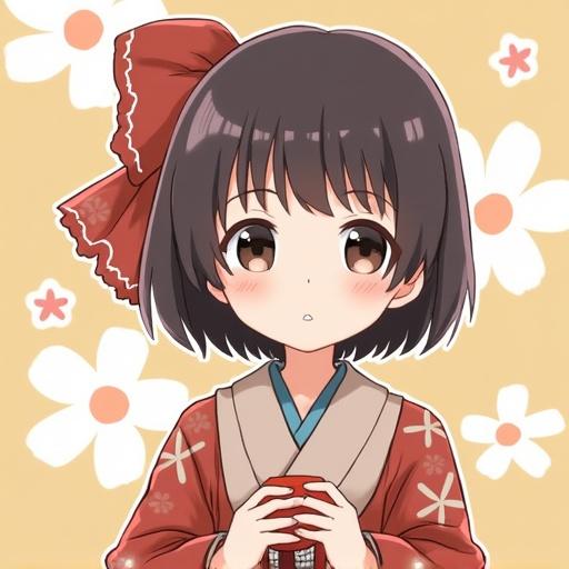 Girl character wearing traditional Japanese clothing holding an object. She has long dark hair and a large red bow. Background features flowers with soft colors.