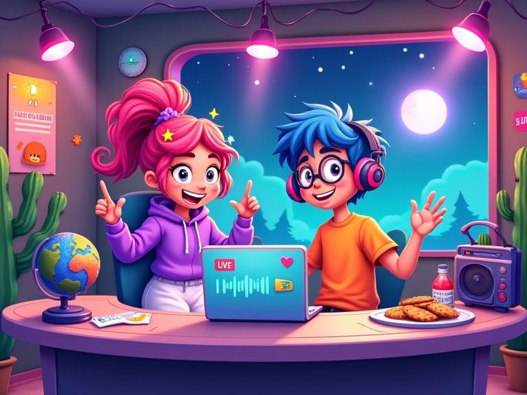 Cartoon-style podcast studio featuring two teenagers recording a lively podcast. The girl has wavy pink hair in a ponytail, wearing a purple hoodie and white skirt, gesturing with a colorful pen. The boy with fluffy blue hair and round glasses in an orange T-shirt leans back, tossing a cartoon globe. The desk has oversized microphones, a laptop with audio waveform, snacks, and drinks, while headphones and a glowing sign are visible. The background includes playful decor, neon lights, and a starry window view.