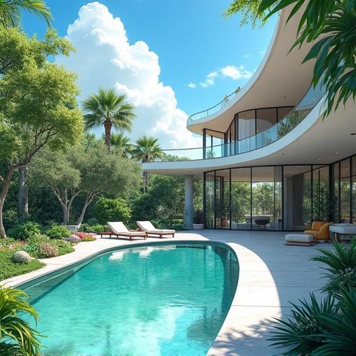 Summer day in a futuristic mega mansion. Outdoor space includes a swimming pool and Japanese garden. The setting is modern and luxurious, located in Miami.