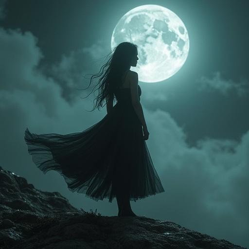 Gothic girl stands on rocks in moonlight wearing a flowing dress. Full moon illuminates the scene. Ethereal and mystical atmosphere enhances the dark elegance.