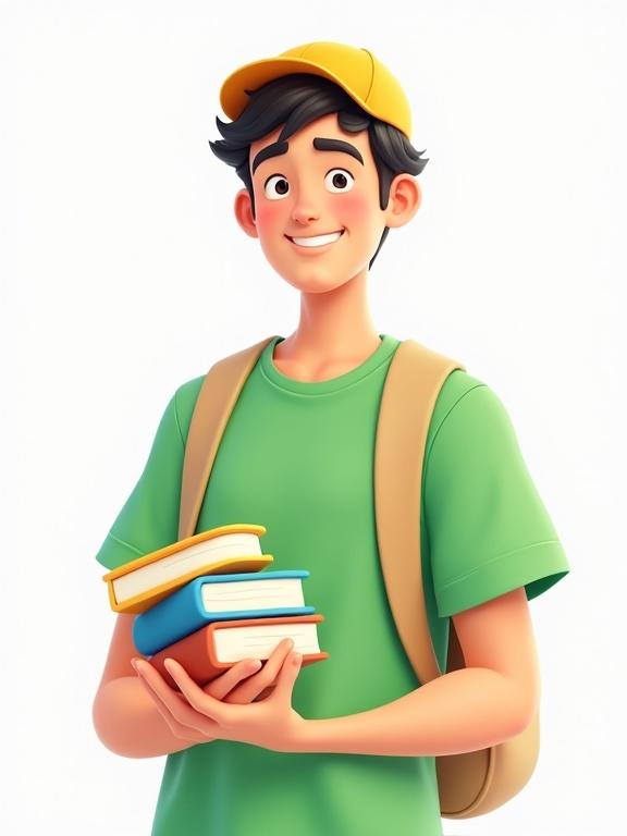 A teenage boy holds colorful books with a cheerful expression. He wears a green t-shirt and a yellow cap. A light brown backpack rests on his back. Background is plain white.