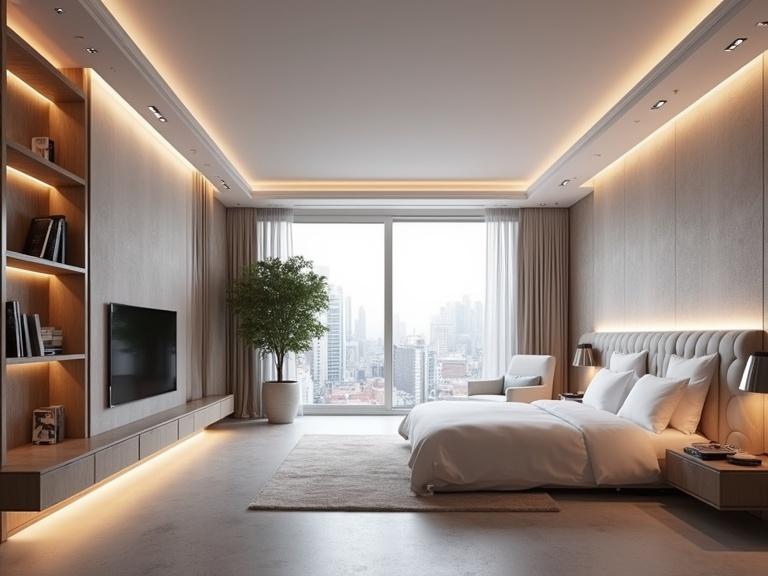 Ultra realistic photo of a futuristic hotel interior featuring high-tech but simplistic designs. The room includes a large bed, a modern chair, and a view overlooking a city skyline.