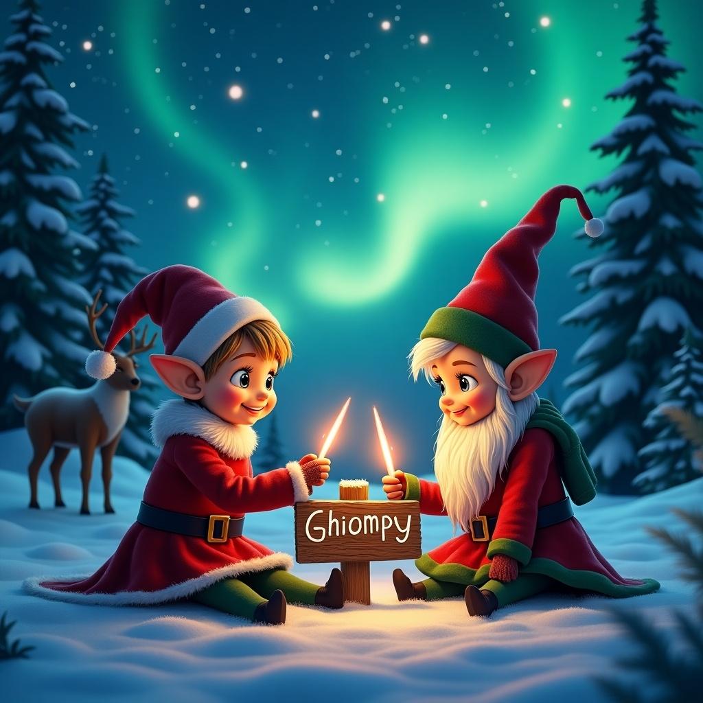 A traditional elf and a gnome are sitting together in a snowy North Pole forest. They write names on a wooden sign using glowstick wands. Names displayed are Chippy and Gnomey. The night sky is filled with stars. Northern lights illuminate the scene. The elves wear festive outfits. Snow-covered pine trees surround them. A reindeer appears in the background.