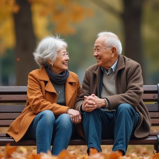Elderly couple sits on park bench in autumn. They hold hands and smile warmly. Dry leaves scattered around them. Shot with 50mm lens at f/2.8.