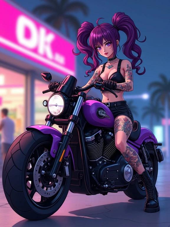 A woman poses on a purple motorcycle. She wears edgy streetwear. The setting is a luxurious convenience store. Neon lights illuminate the scene. She has colorful tattoos and striking amethyst purple hair. Her expression is confident and rebellious. The background might show other gang members and a street at night.