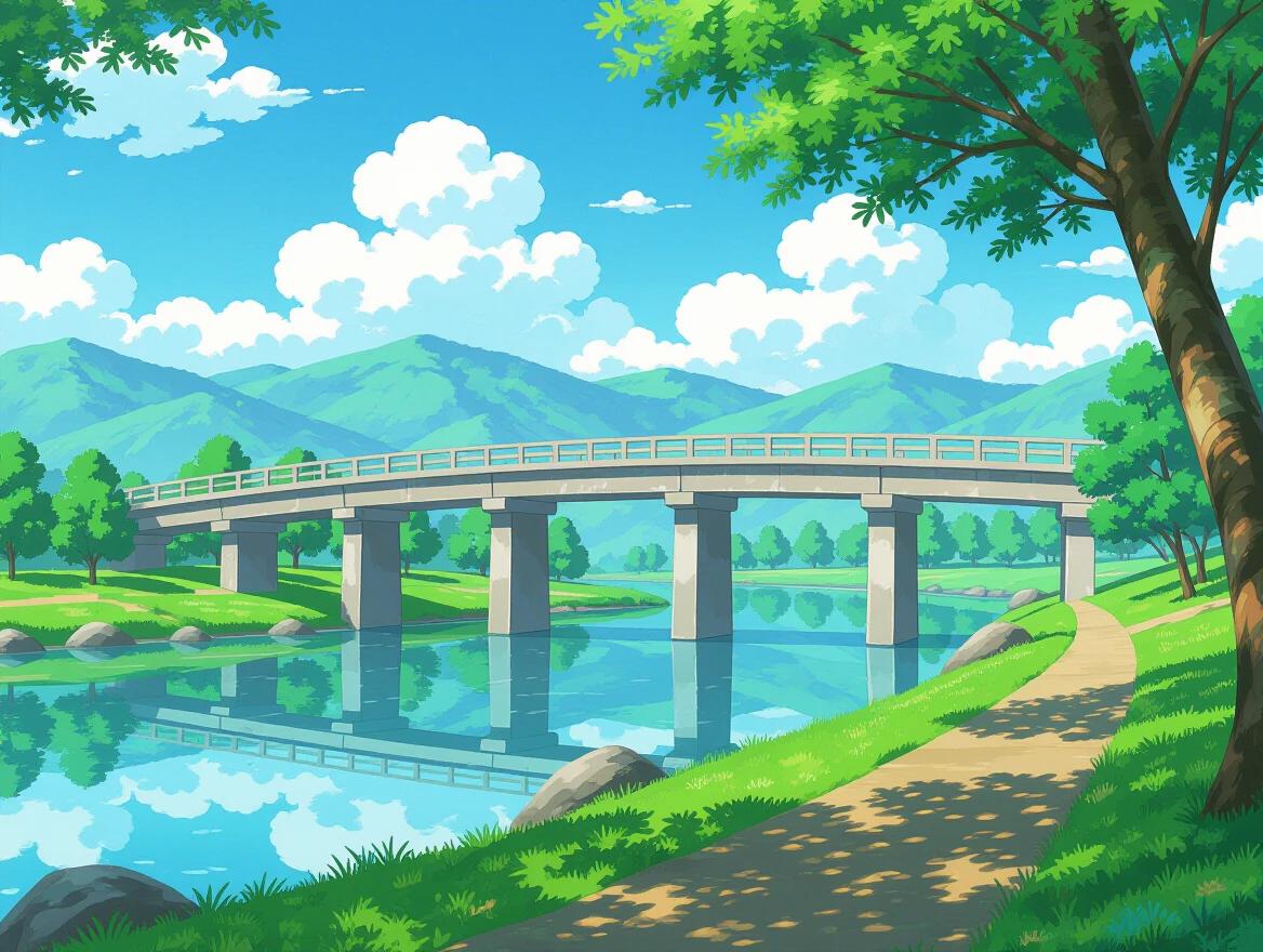 Anime style landscape shows a long bridge crossing a serene river. Lush green trees surround the scene. Clear blue sky with fluffy white clouds. Mountains rise in the background. Pathway along the riverbank invites exploration.