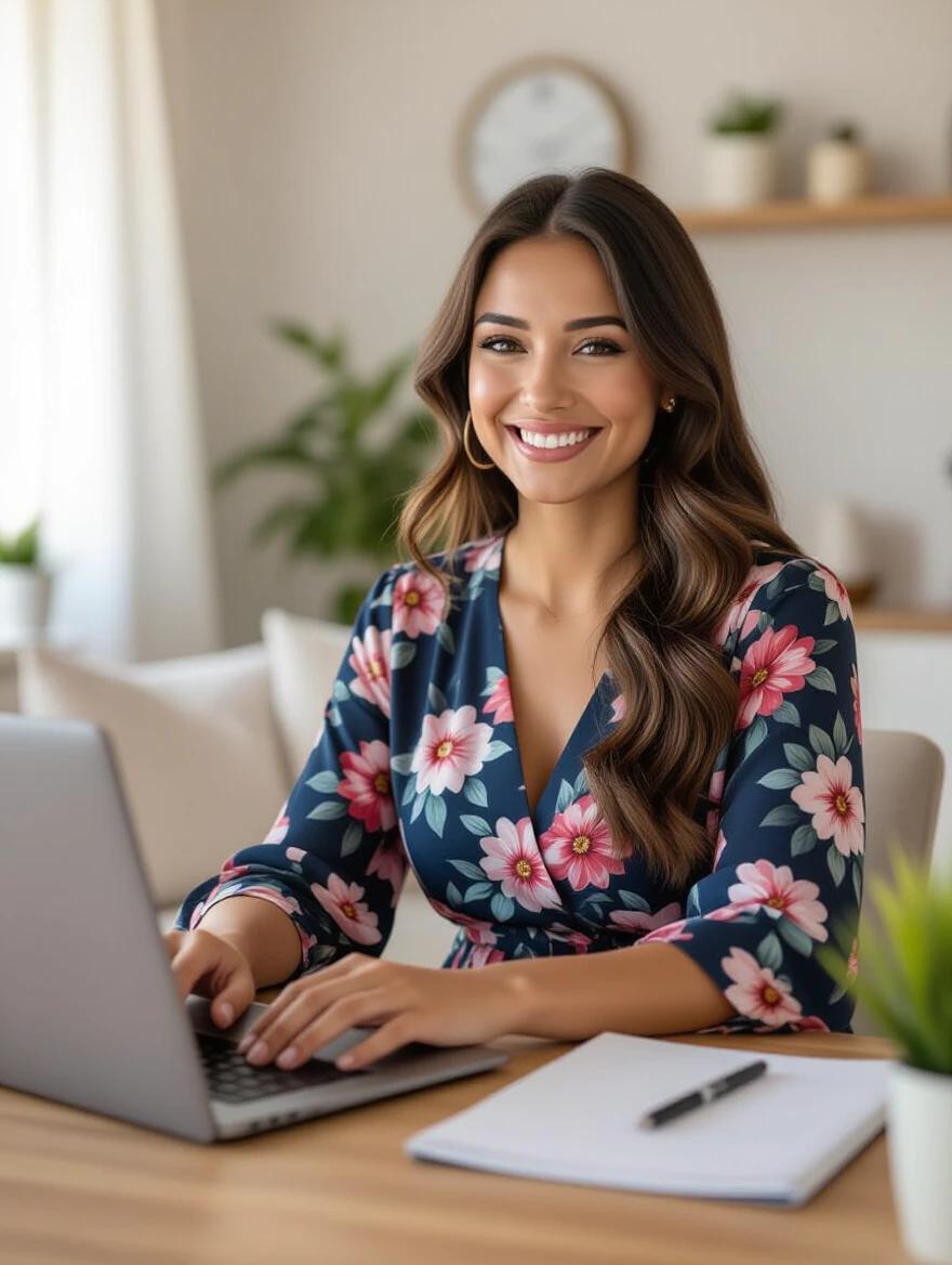 Smiling woman working on laptop at home. Floral dress worn. Calm home setting with plants and decor in background.