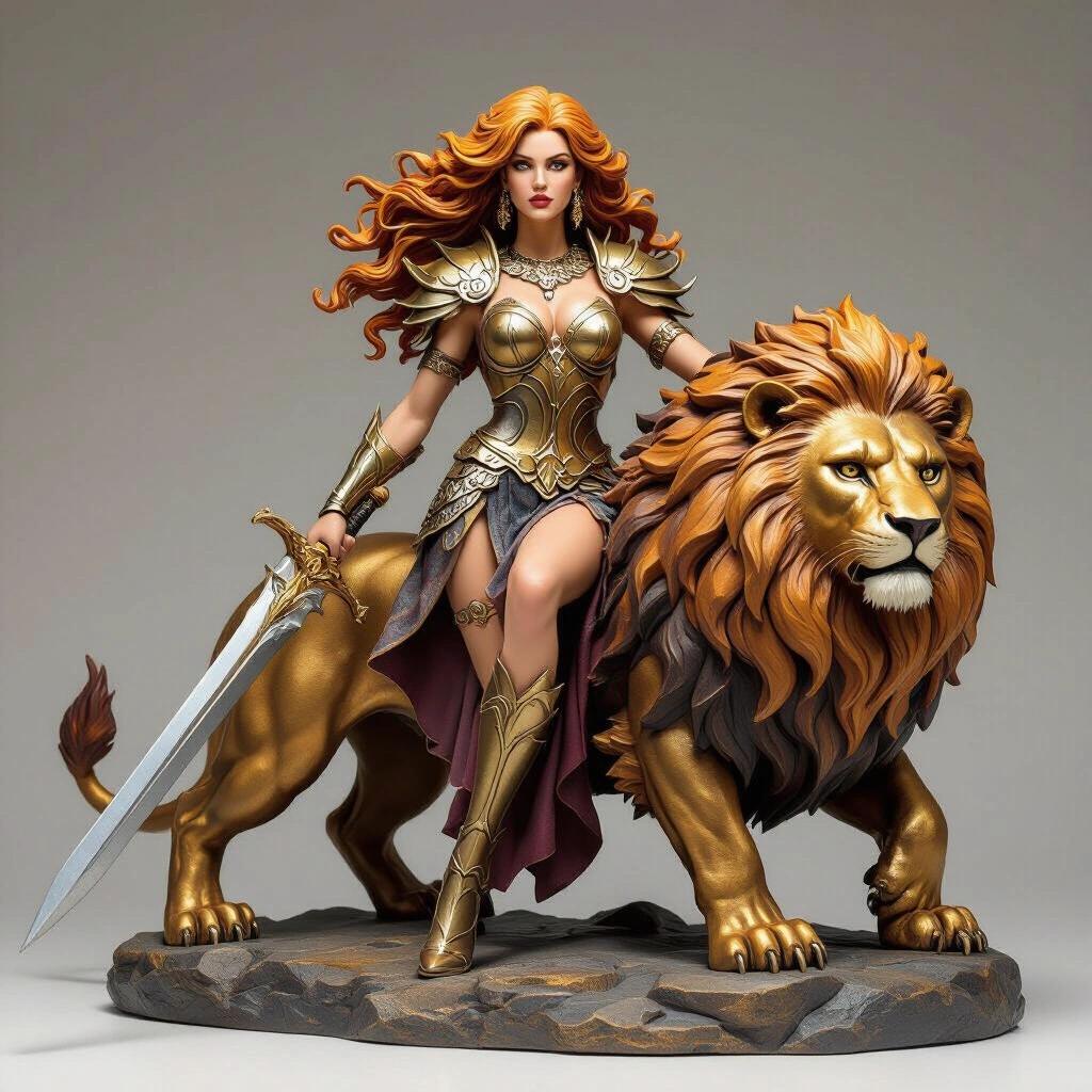 Resin sculpture features a powerful goddess on a giant lion. Goddess embodies Leo sign with a majestic presence. Long, wavy golden hair resembles a wild mane in the wind. She wears shining armor inspired by claws and mane, elegantly exposing part of her legs. In her right hand, she holds a large sword pointing toward the ground. Her expression is fierce and proud. The lion stands in an attack posture with sculpted mane resembling frozen fire. The figure rests on a rocky base with engraved solar symbols. Poses are heroic and dramatic, ideal for 3D resin printing.