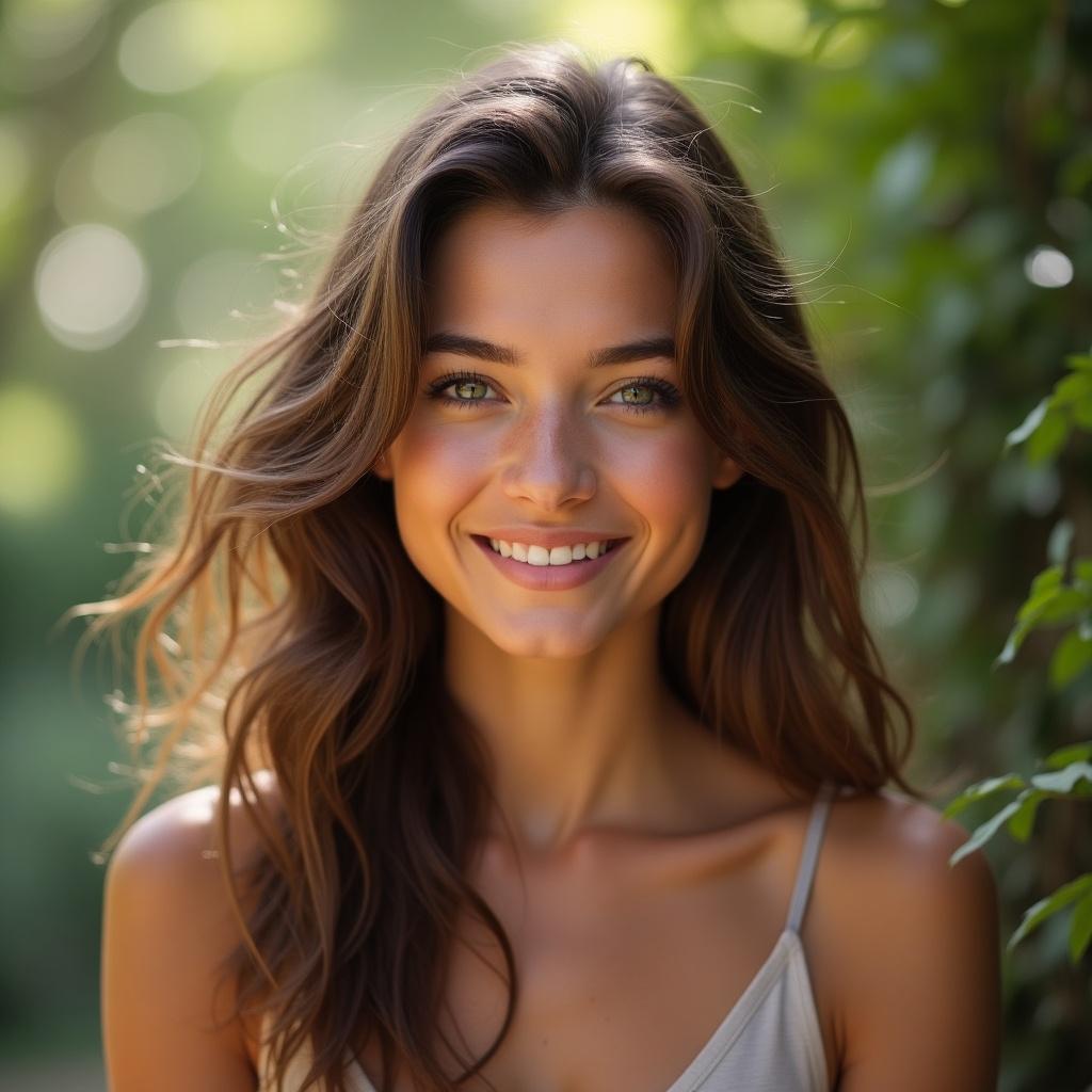 Generate image of young woman in mid-20s with realistic features. She has soft skin texture and natural colors. Hair is long, wavy and brown. Expression is friendly and candid. Environment is softly lit with natural backdrop. Pose is relaxed and casual. Include details like light freckles and natural hair flyaways.