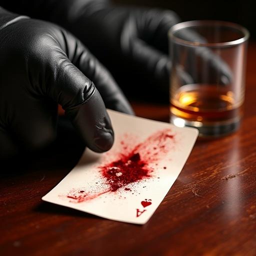 A close-up of a blood-stained playing card on a mahogany table. Gloved hands are picking it up. Nearby is a half-empty glass of brandy.
