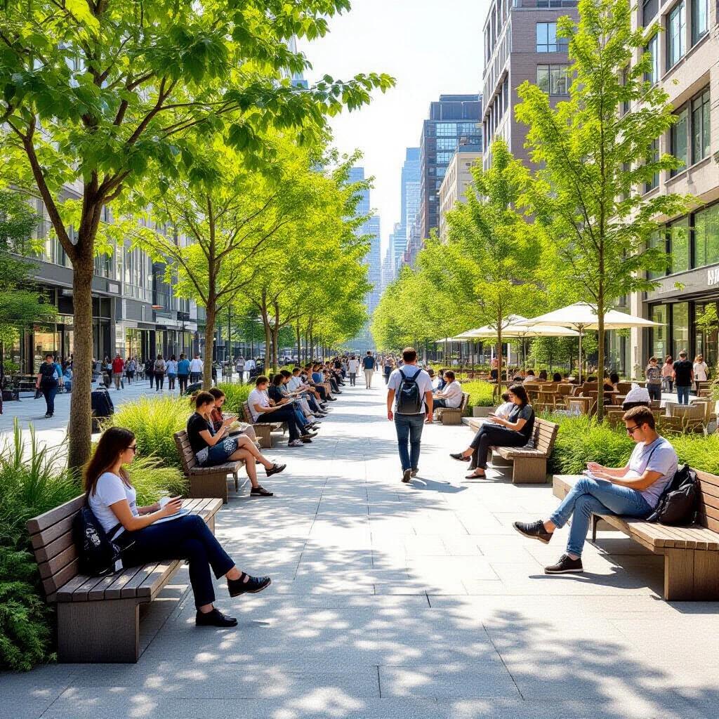 Generate a vibrant urban scene with green trees. Include benches where people rest. Show individuals walking on a sunlit path. Capture modern city buildings in the backdrop.