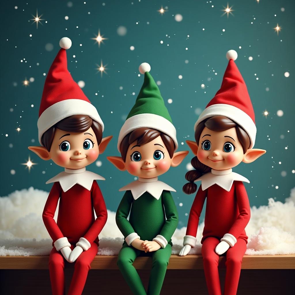 Three elves dressed in festive outfits with hats. The boy elf wears a green outfit, while the girl elf has brown hair. Sparkles fill the sky with names written above.