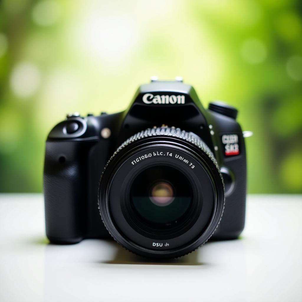 Canon DSLR camera positioned front and center. Camera body is black with silver accents. Lens is prominently displayed. Background is neutral with a bright photography backdrop featuring greenery.