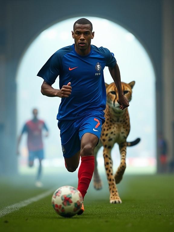 Photo-realistic image of a soccer player in blue kit sprinting out of a stadium with a giant Cheetah behind. Brightly lit pitch in the background. Dynamic action shot with intense focus.