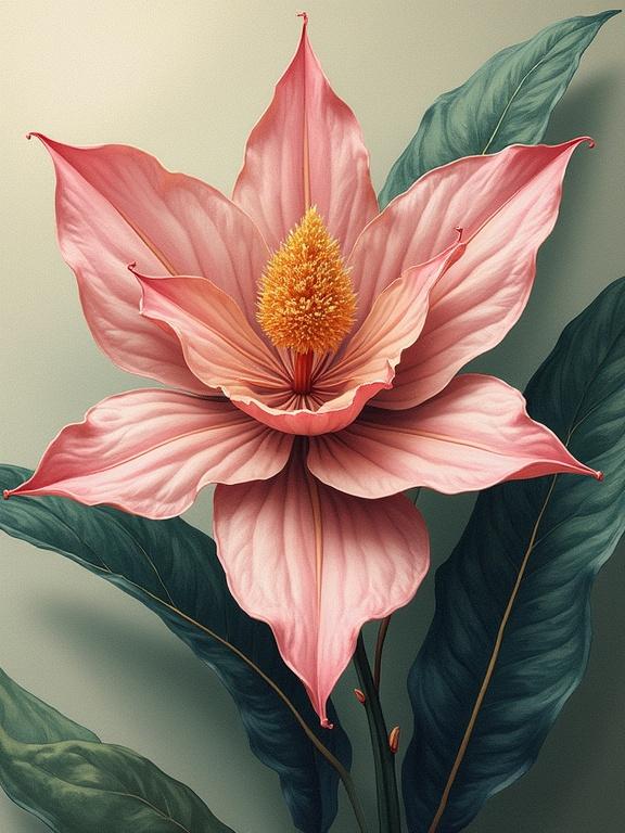 Detailed illustration of a single Medinilla flower. The flower appears large and vibrant. Soft pink petals spread elegantly. Yellow stamen add contrast to the center. Dark green leaves complement the flower.