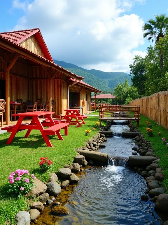 Charming outdoor dining area beside a stream at a restaurant. Bamboo structure with a tiled roof visible. Red picnic tables on green grass. Clear stream and colorful flowers enhance the scene. Background showcases green hills and blue sky.