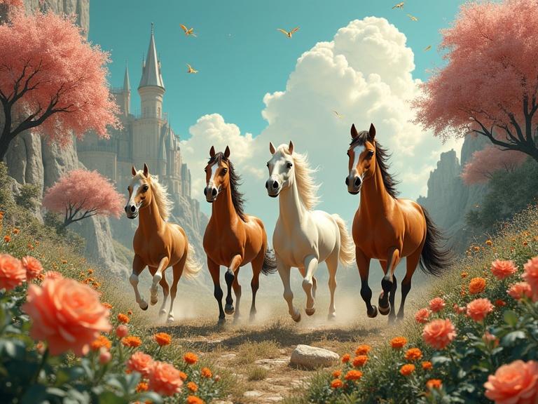 Vibrant image of horses galloping in a serene landscape. Scene features intricate details and blends art nouveau with futuristic styles.