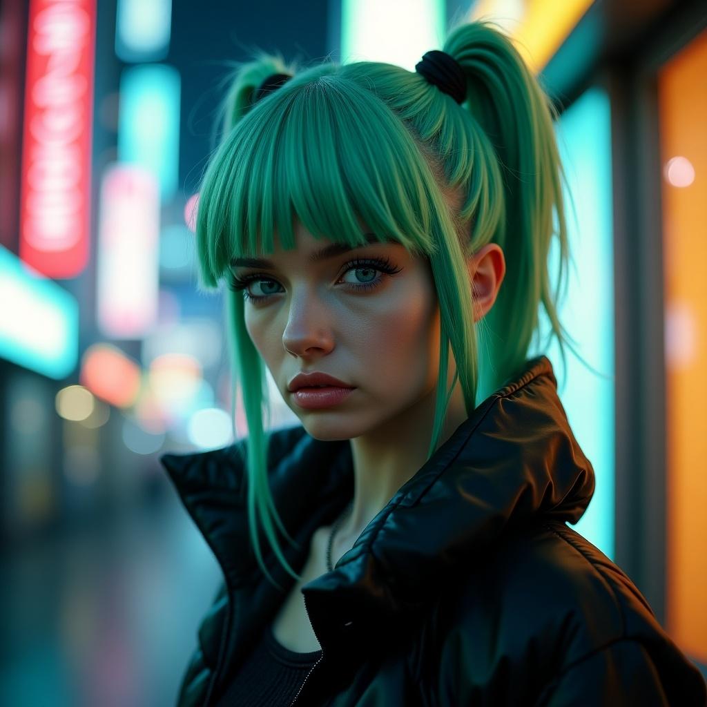 Character with sage green hair styled in a high ponytail and loose bangs. Wearing a chic outfit. Displays a scared and threatening expression. Set in a neon-lit city inspired by Piltover.