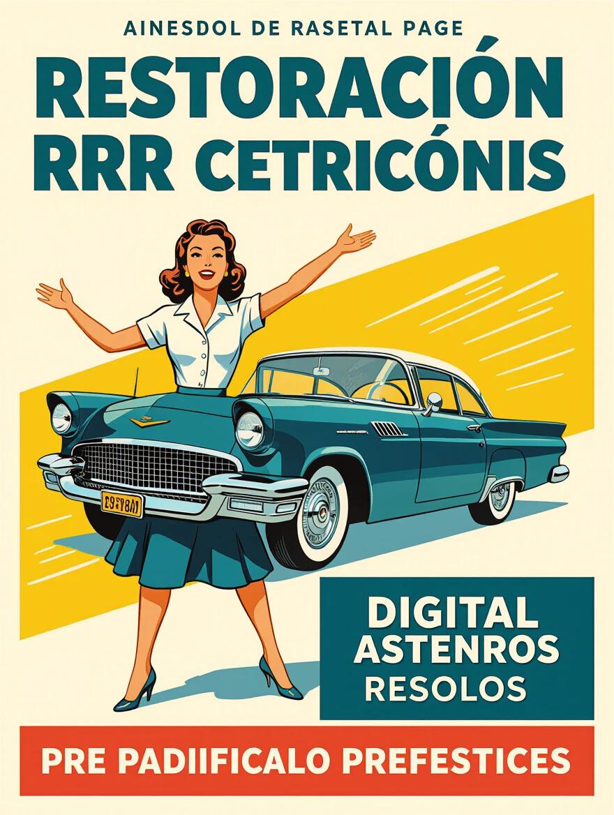 Generate a colorful poster in 50s advertising style for digital photographic restoration services. Include a vintage car and a woman standing next to it. Use characteristic colors of the era. Place Spanish text: RESTORACION RRR prominently on the design. Make it visually unique and impressive.