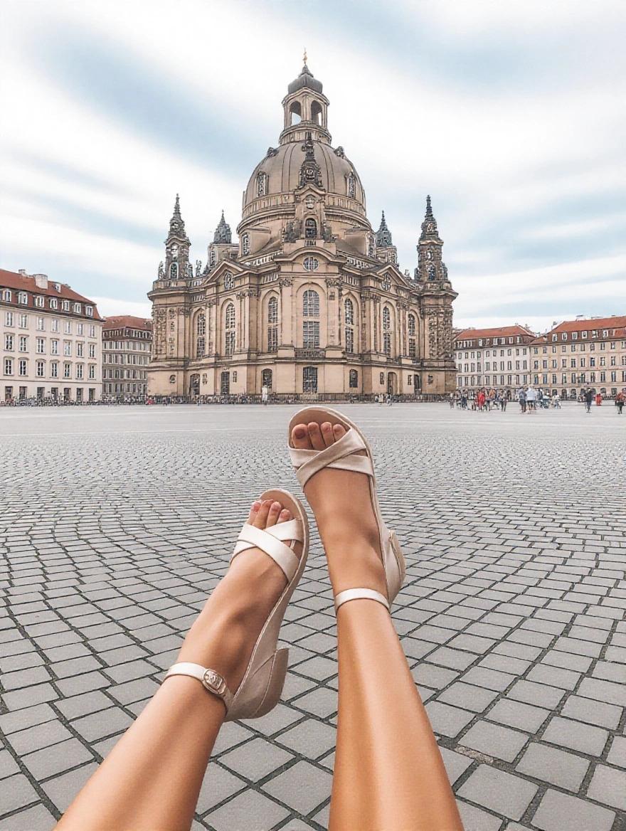 Feet in stylish sandals foregrounded against a grand historical building in Dresden