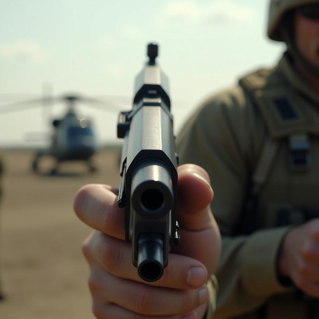 Close-up of a hand holding a gun. Soldier and helicopter in the background. Gun pointed towards viewer.