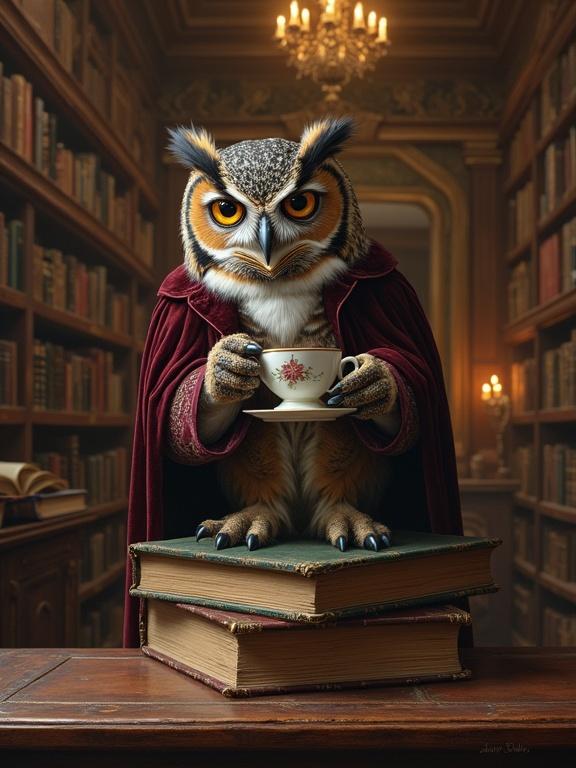 A hyperrealistic owl in a library. The owl wears a velvet jacket and stands on ancient tomes. It holds a china cup and sips tea. The grand library features bookshelves and chandeliers. The painting displays warm colors and intricate details.