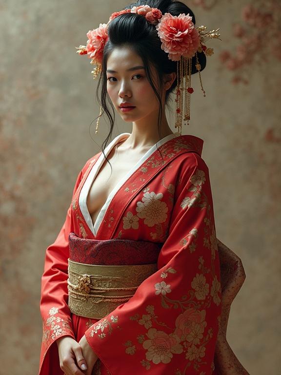 A full body portrait of a woman wearing a red kimono with floral patterns. The figure has floral hair accessories. A blend of traditional and modern elements is highlighted.