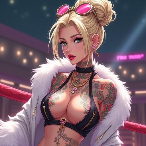 Anime character depicted in a luxurious martial arts arena featuring a beautiful woman with emerald green eyes. She possesses a stylish oversized light blonde French bun, dressed in a modern mantis dragon ninja kimono. Accessories include light pink diamond jewelry and sunglasses. She shows off colorful and traditional Japanese tattoos. The scene captures the essence of a summer night in Las Vegas, suggesting a vibrant and competitive atmosphere.