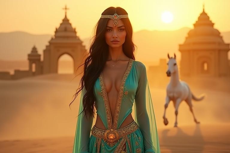 A tall Arabian princess stands boldly in a glowing desert. She wears a turquoise Arabian outfit with gold embroidery and sequins. Her shiny black hair cascades over her shoulders. The outfit features a deep V-neckline with gold trim. A jeweled headpiece crowns her. Behind her, a glowing golden temple is visible, and a white horse rises in the mist. The sun casts a golden flare. The composition is sharp and vibrant, filled with fantasy energy. 16:9 aspect ratio.