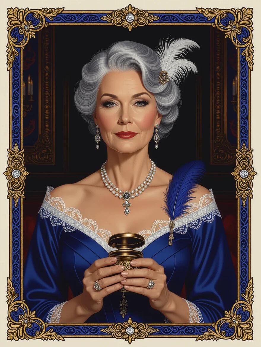 An oil portrait of a beautiful middle aged woman with a silver streak in her hair. She wears ornate periwinkle modern formalwear. She holds a snuffbox in a dim mansion room. The image has a dark and mysterious tone. The artwork is framed with an Art Nouveau border.