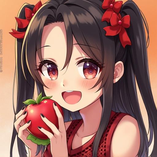Anime girl with ponytails holding a red tomato. She has bright eyes and a big smile. Red outfit with bow accessories. Soft background with warm colors.