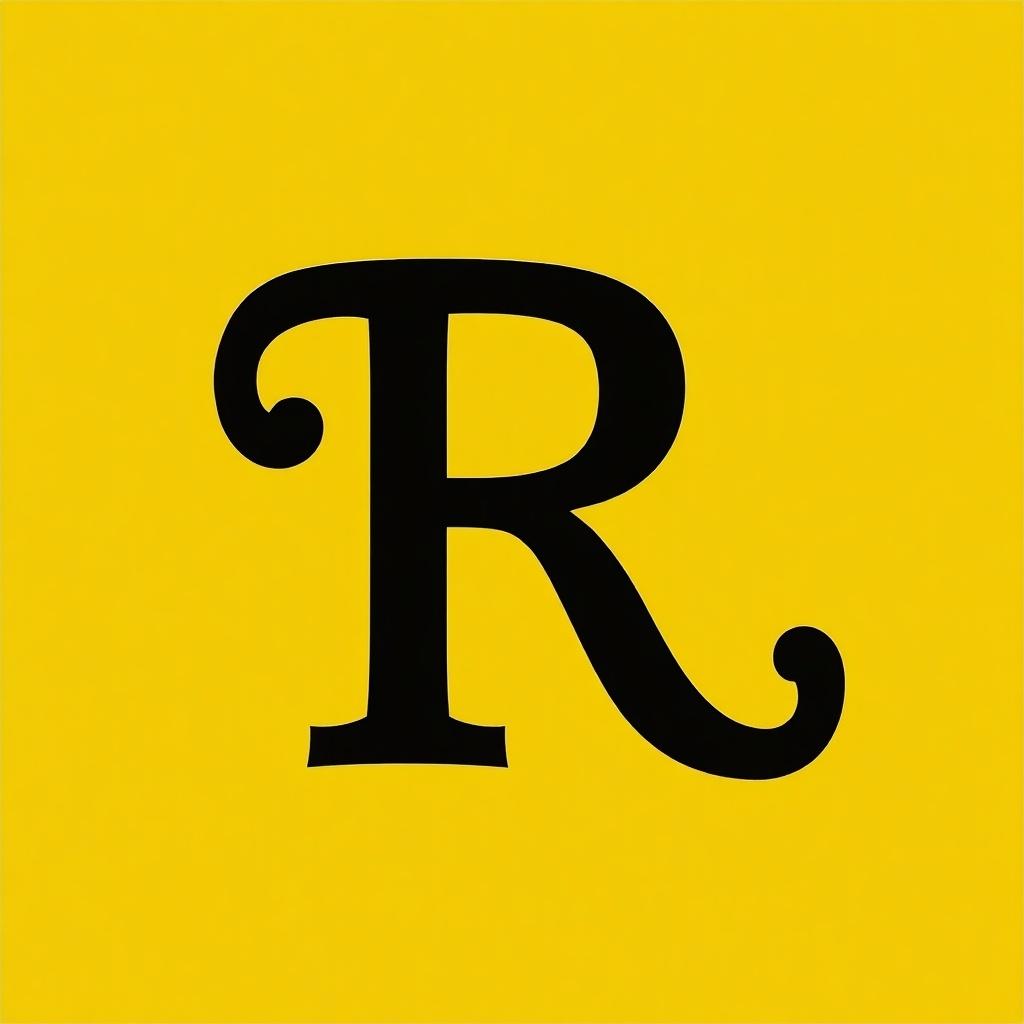 This image features a striking logo with a vibrant yellow background. The main focal point is a stylized black letter 'R' that stands out prominently. The design is simple yet elegant, making it suitable for a range of branding applications. The use of bold colors creates a modern look, ideal for attracting attention. This logo can easily be adapted for various industries, from fashion to technology.