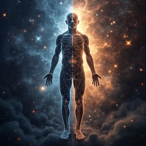 A human figure divided into two complementary halves: chaotic organic and ordered geometric. Connected by golden fractal spirals following the golden ratio. Background of intertwined galaxies with neural networks, representing the union between cosmos and consciousness. Cool colors on the left warm on the right. Central light emerging symbolizing integration.