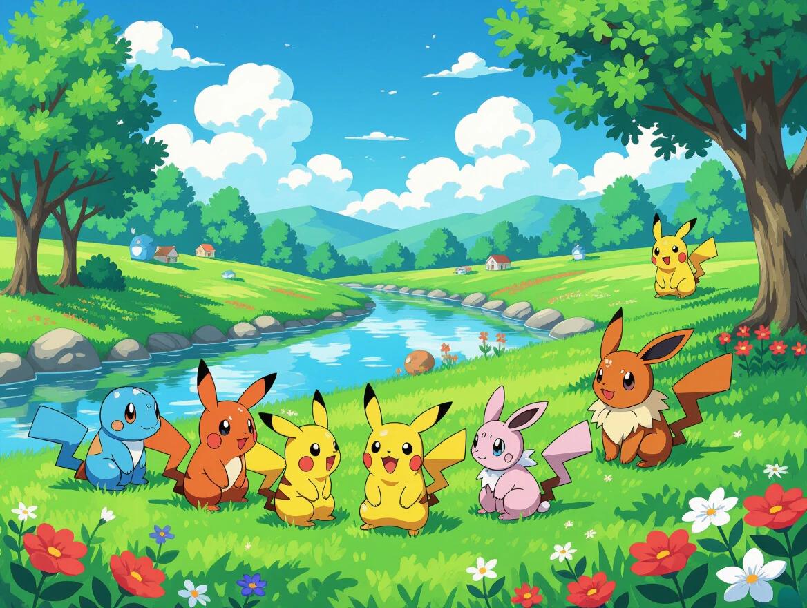 Several adorable Pokemon characters including Pikachu on a vibrant lawn near a river. They smile and look towards the sky. The background features mountains and fluffy clouds. The setting is cheerful and bright.