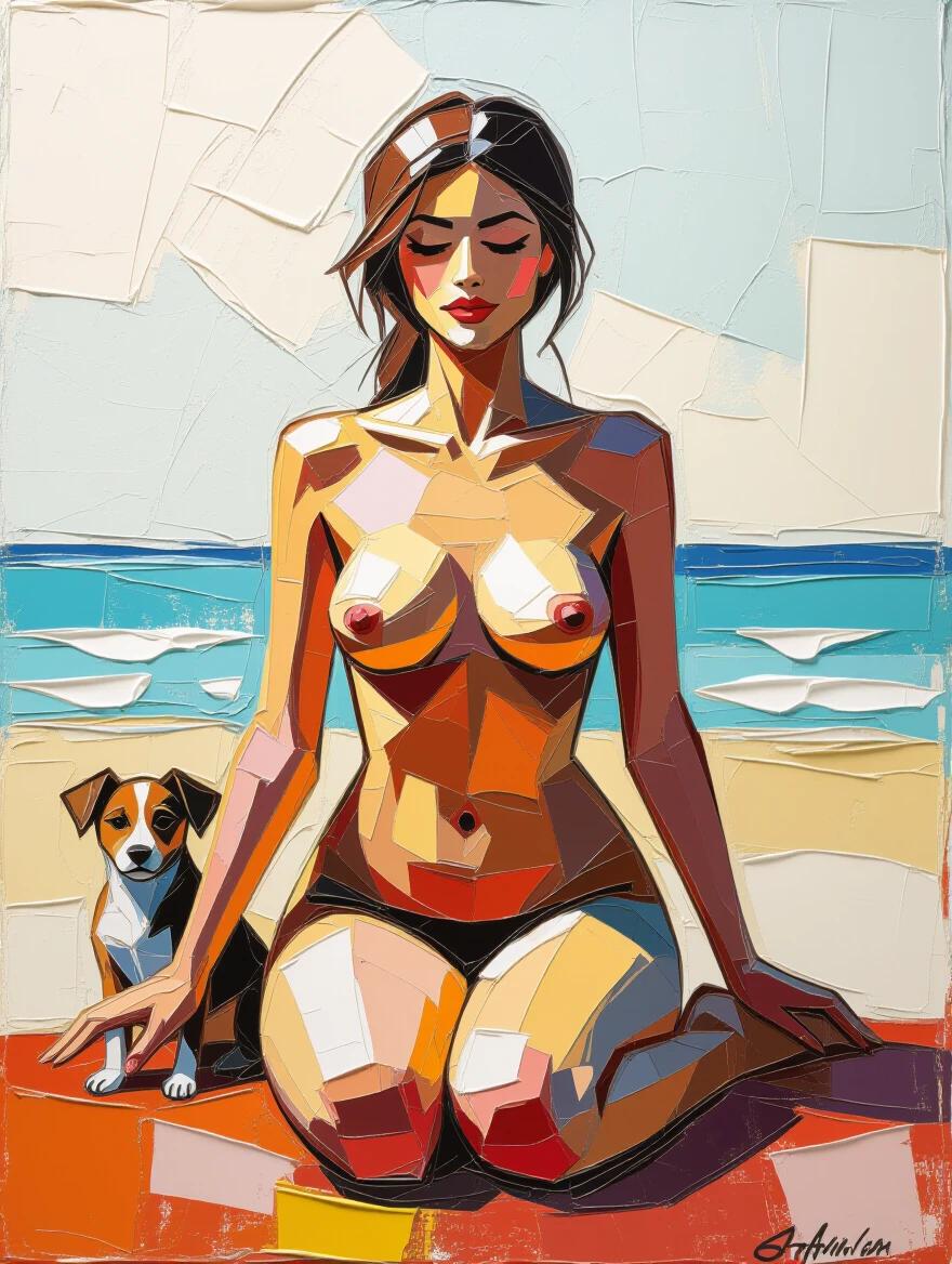 Highly textured encaustic impasto painting of a nude woman posing on a beach. Woman kneeling on palms with a small dog beside her. Thick brushstrokes convey three-dimensional relief.