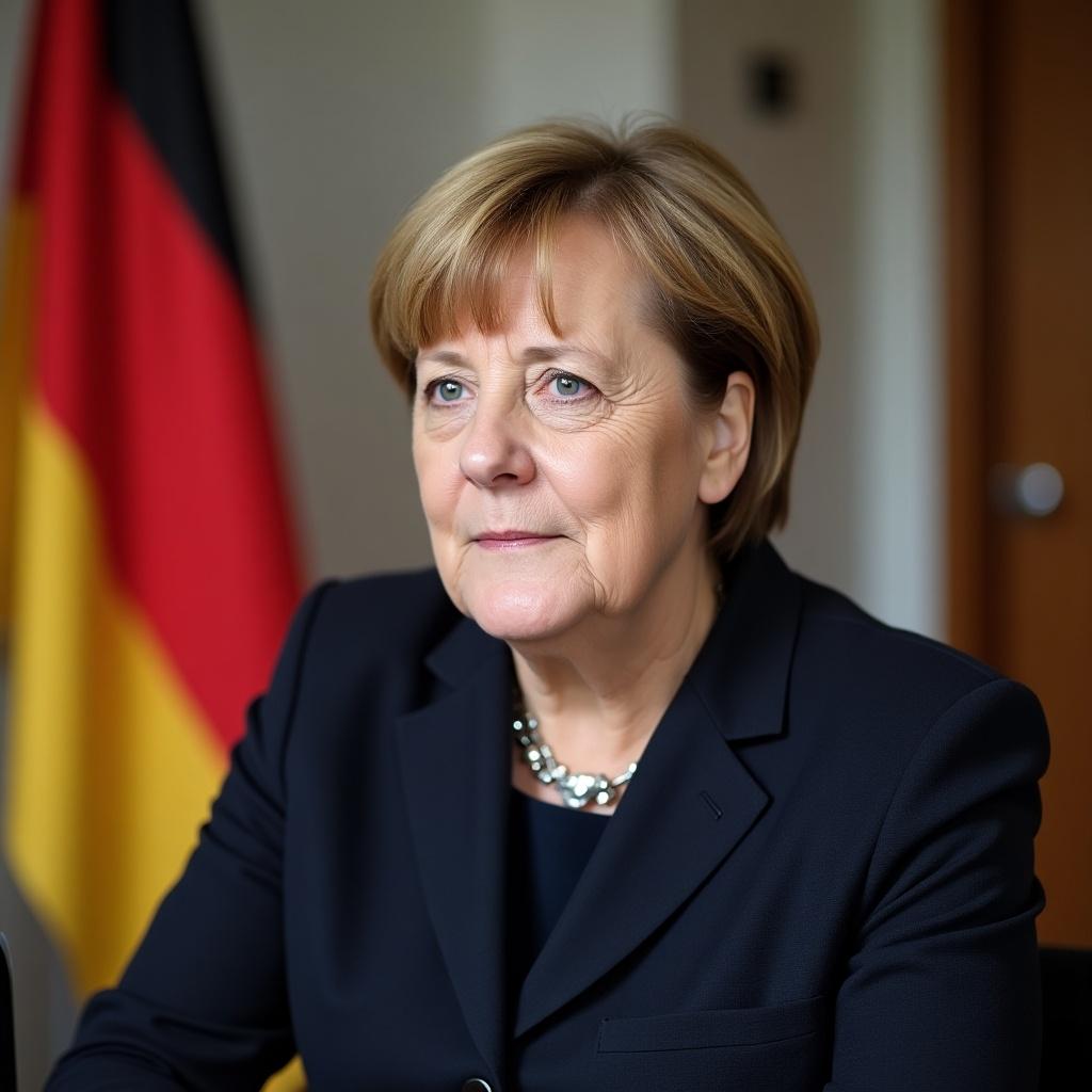 This image portrays Angela Merkel, the former Chancellor of Germany, seated and looking contemplative. She has a neutral yet thoughtful expression, suggesting deep reflection or consideration. The background features a German flag, representing her national identity and leadership. The lighting is soft, accentuating her features, creating a polished appearance. The color scheme combines dark clothing with the colors of the flag, merging her persona with national symbolism.