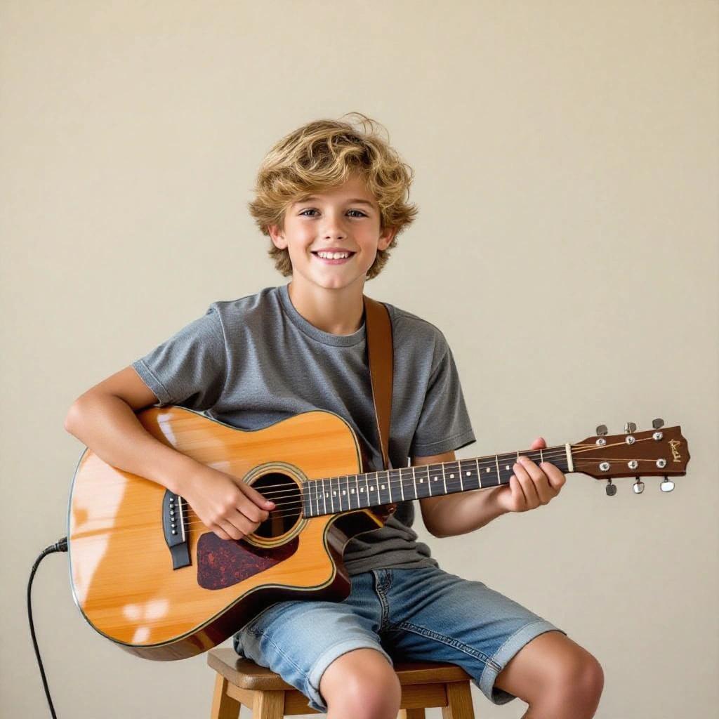 Young teen with medium blonde hair sits on a stool playing an acoustic guitar. He wears shorts and a t-shirt. The boy smiles warmly at the camera. The background is plain and neutral.