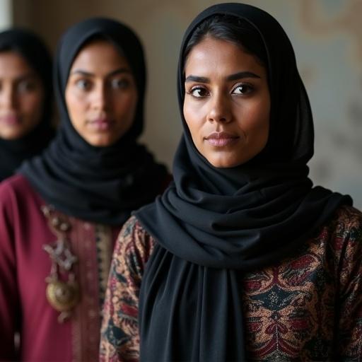 Generate an image featuring several female educators with diverse backgrounds posing together. They wear traditional staff outfits and hijabs, exuding confidence. Their appearances include dark brown eyes, black hair, and dark skin. The setting highlights their professionalism in an educational context.