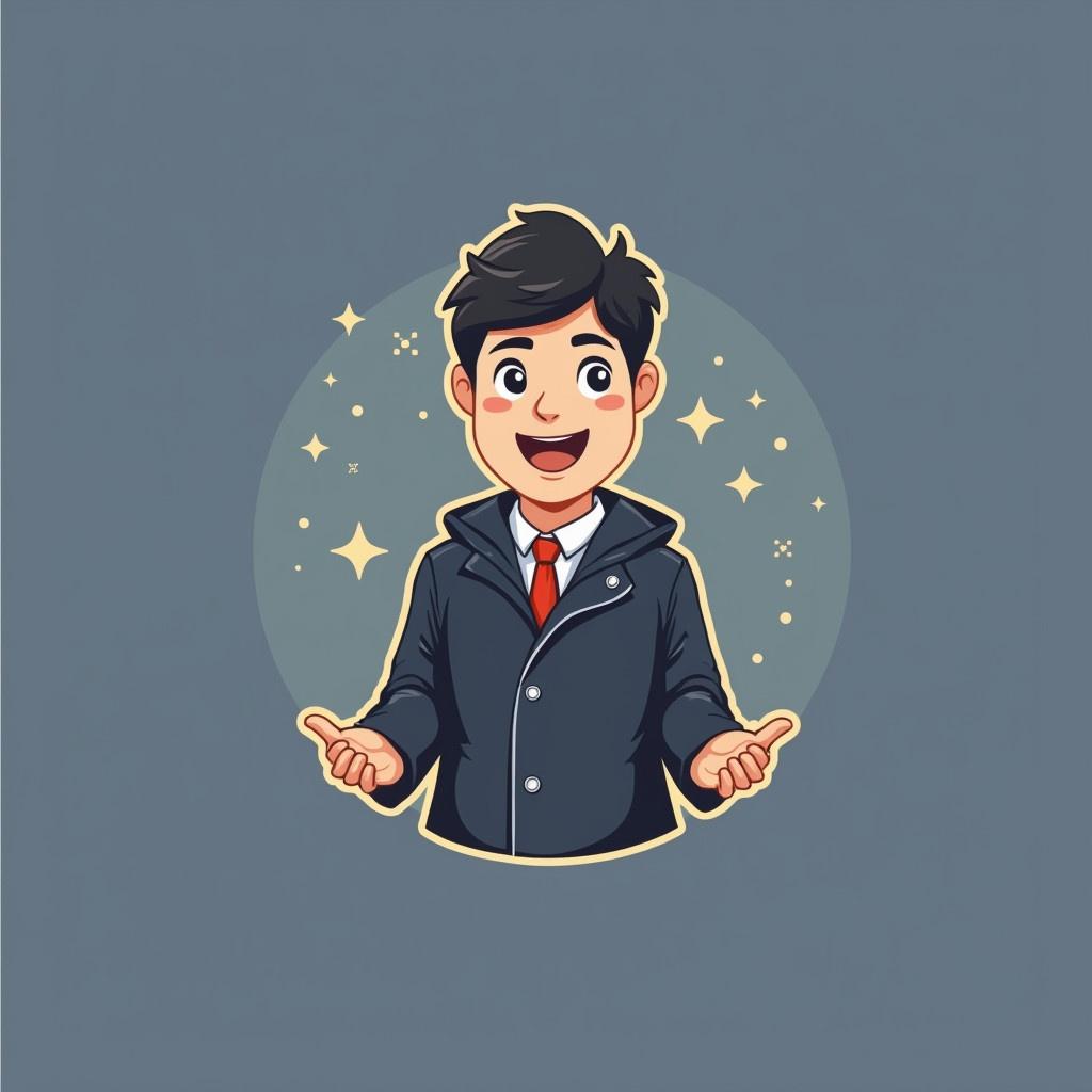 A logo designed specifically for a Facebook profile. Features a male figure wearing a coat and tie. The character is facing forward with hands extended outward. The background is a flat gray color with soft glowing elements around the figure.