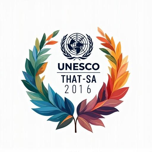 Design for UNESCO highlighting education culture natural sciences humanities social sciences communication. Features the UNESCO logo with a colorful leaf wreath and the year 2016.