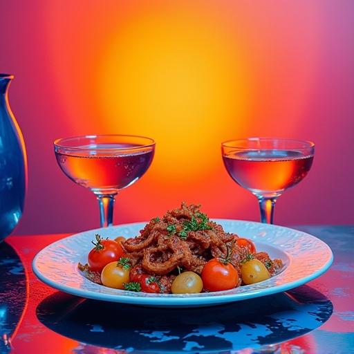 Image with abstract Op art background featuring orange, violet, and red with colorful lights. Central plate of Korean stew and two long drinks with blue liquid and olives.