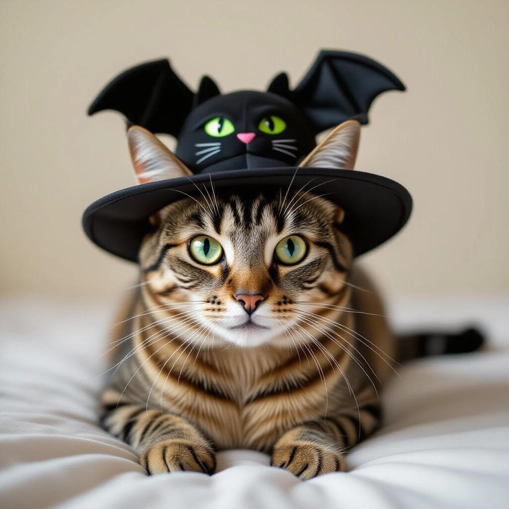 Cat wearing a bat-themed hat. Cat has striking green eyes. Cat is lying on a white surface. Background is neutral and soft-focused.