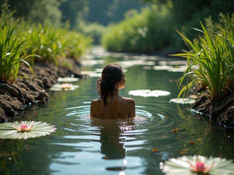 A serene lake with vibrant lotuses and water grass. Sunlight filters through leaves illuminating a nude woman swimming gracefully. Captured with a high megapixel camera focusing on natural beauty. Influences from renowned photographers emphasizing tranquility.