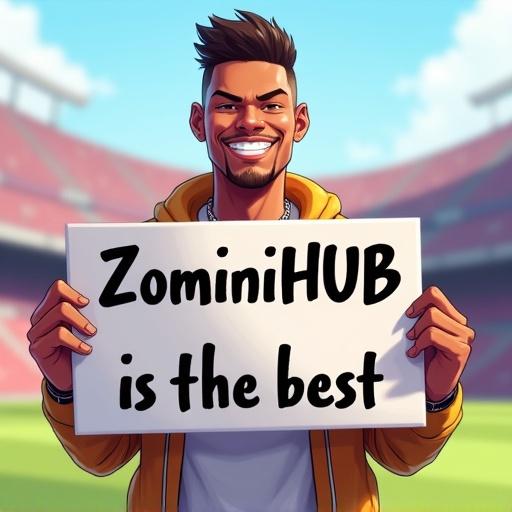 High-quality digital illustration of a smiling person holding a sign. Text on sign says 'ZiominiHUB is the best' in bold letters. Person wears a stylish casual outfit in a vibrant stadium background. Image shows sharp details and a polished art style. Text is clear and easy to read.